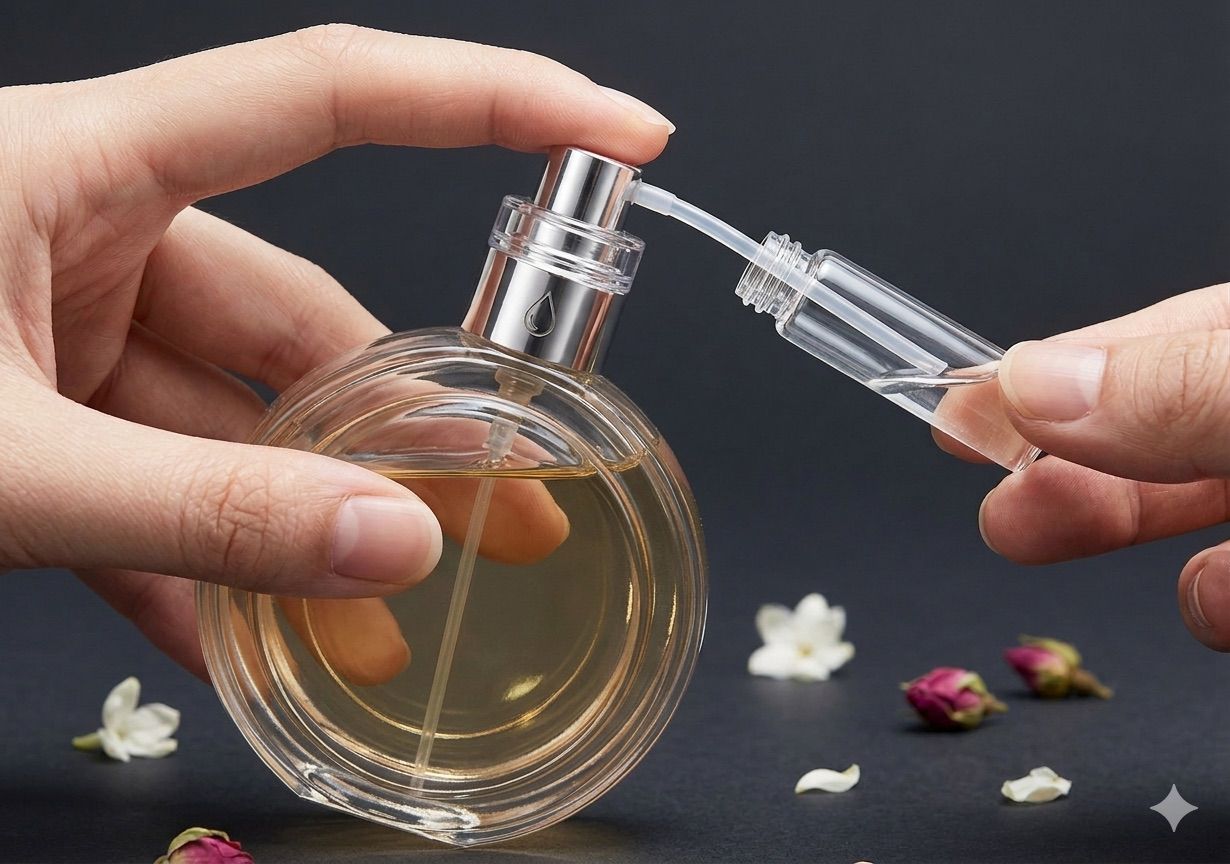 Parfum wird aus einem großen Flakon in einen kleinen Zerstäuber abgefüllt